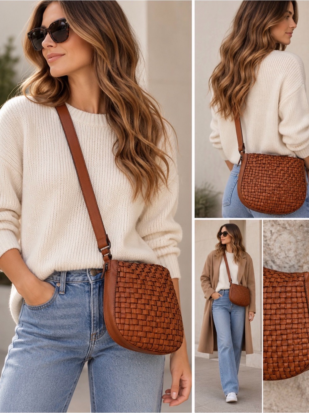 Vilenca Genuine Leather Woven Crossbody Bag Cognac Brown Boho
